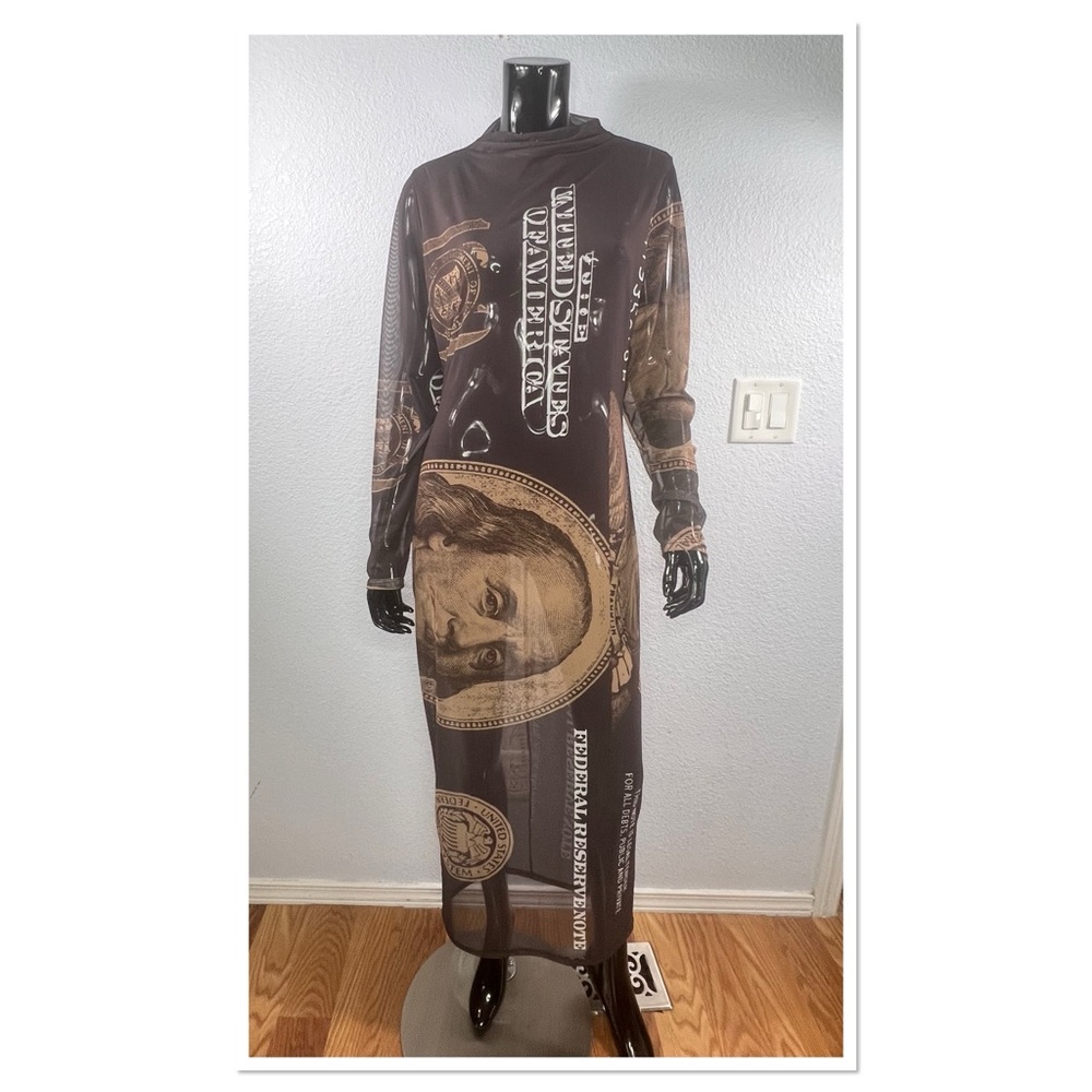 The Curve Plus Size BodyCon Mesh Chocolate Brown Money Print Sheer Dress Sz 1X